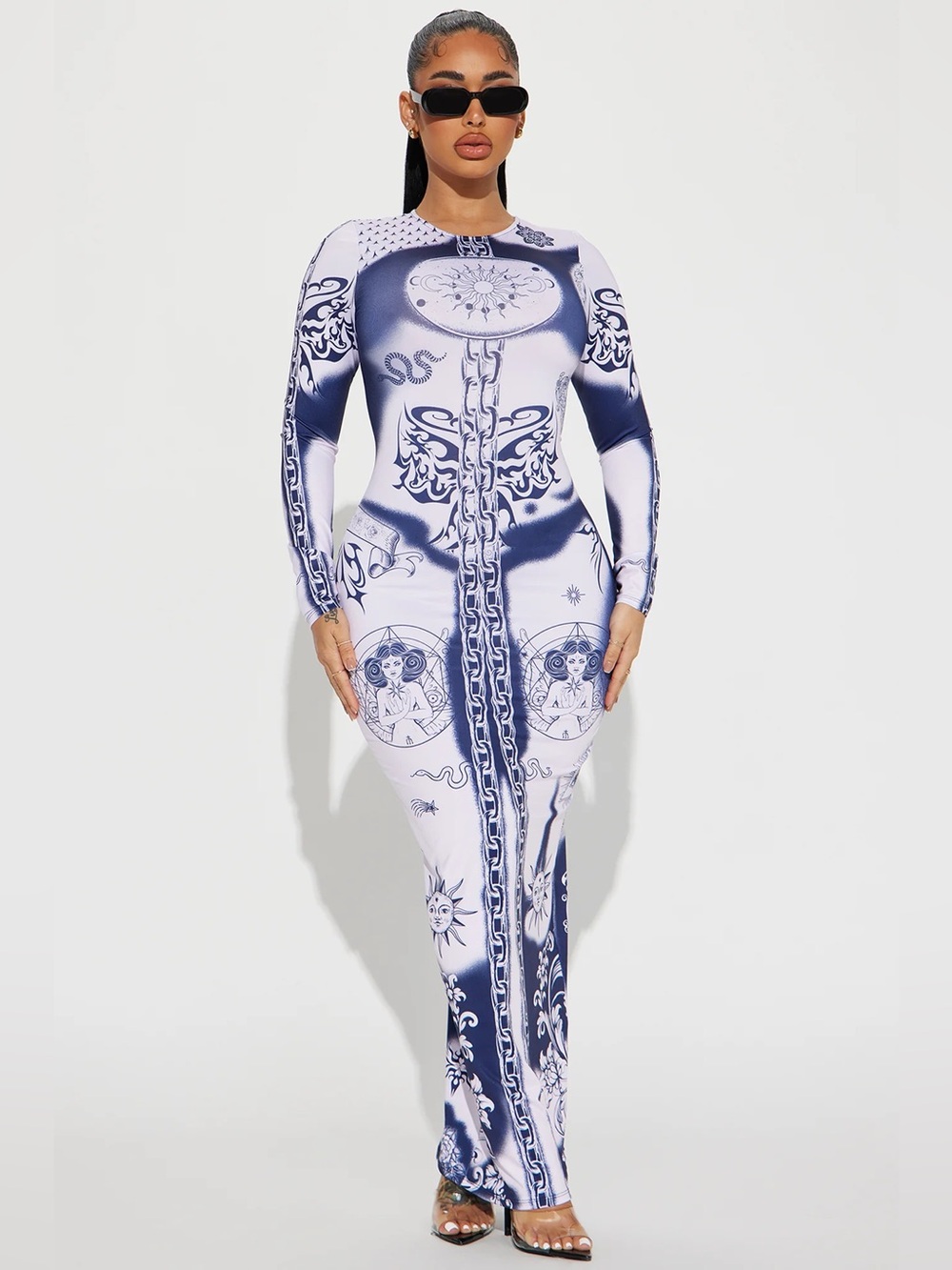 Fashion Nova Makenna Printed Maxi‎ Dress XL Navy White Long Sleeve Bodycon NWT